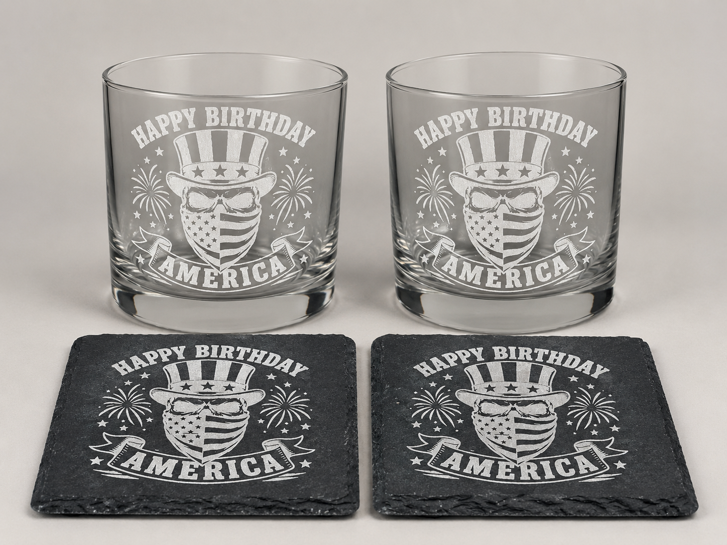 Limited Edition "Happy Birthday America" (2) Rocks Glass & (2) Slate Coaster combo